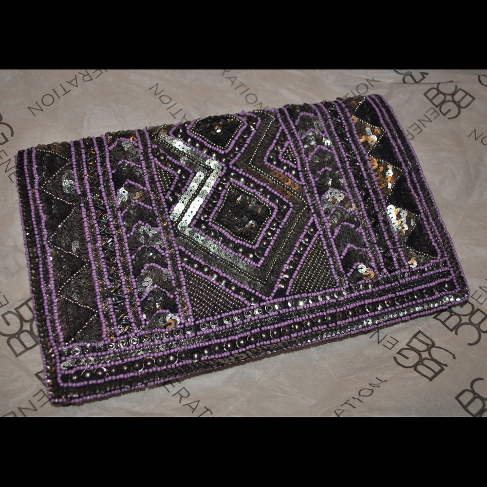 BCBGeneration Purple and Black Beaded Clutch